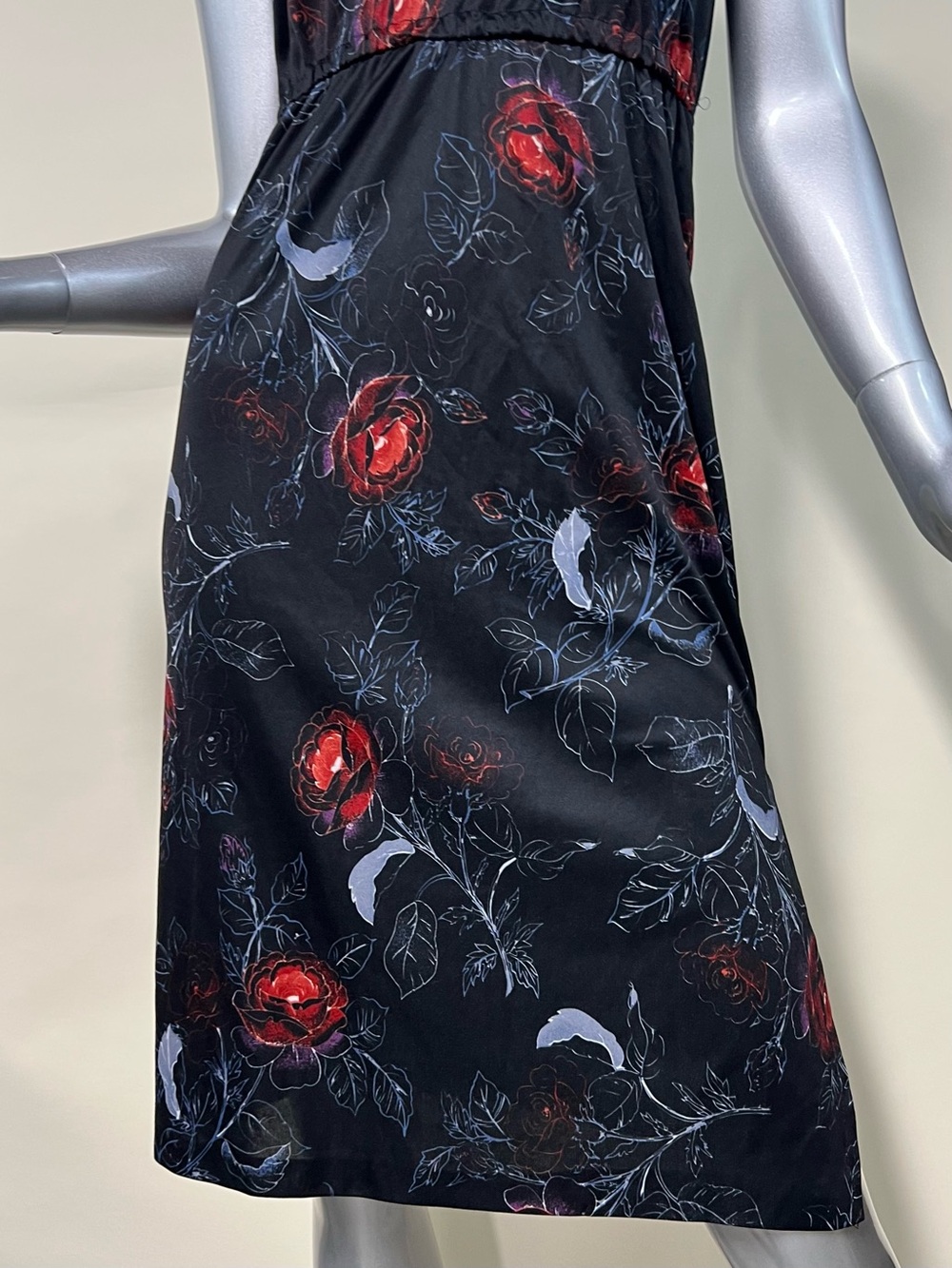 Vintage Women’s XS/SMALL Black Floral Dress Cap Tie Sleeves Stretch Waist Midi - Picture 3 of 16